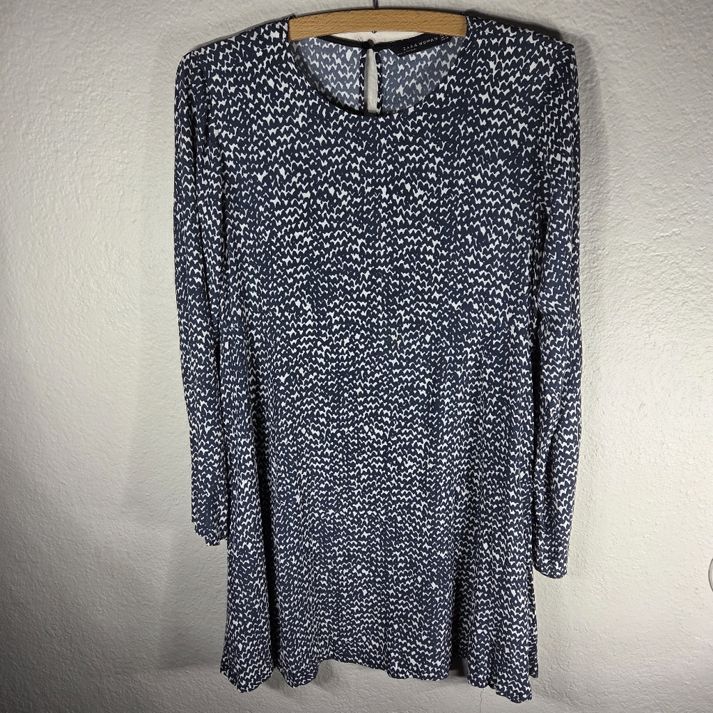 Zara Navy Blue Long Sleeve A-line Mini Dress Viscose Size M Round Neck